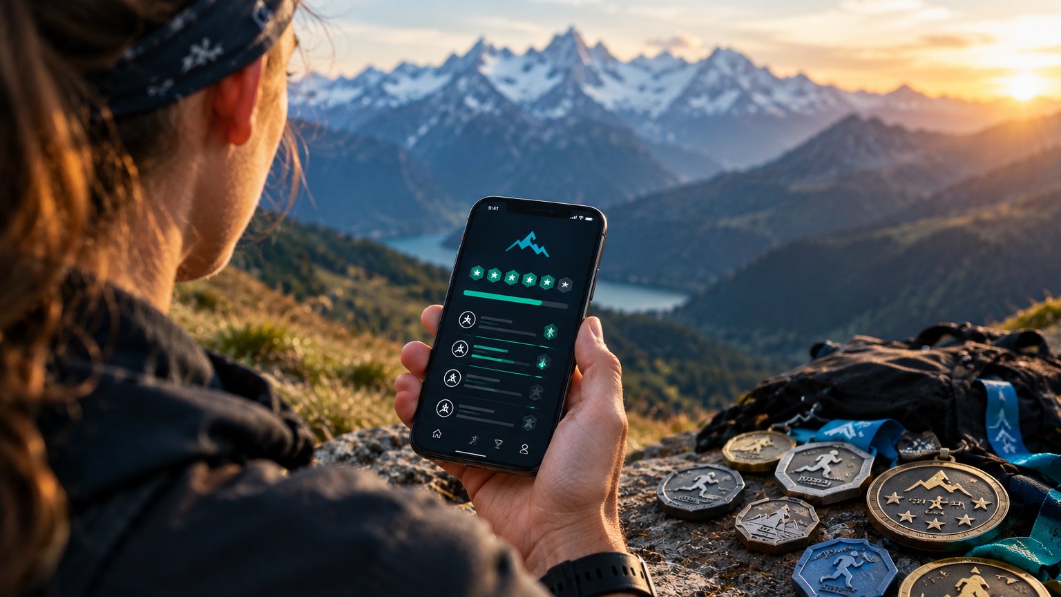 Une coureuse consulte sa progression sur son téléphone, médailles de finisher posées sur un rocher face aux montagnes